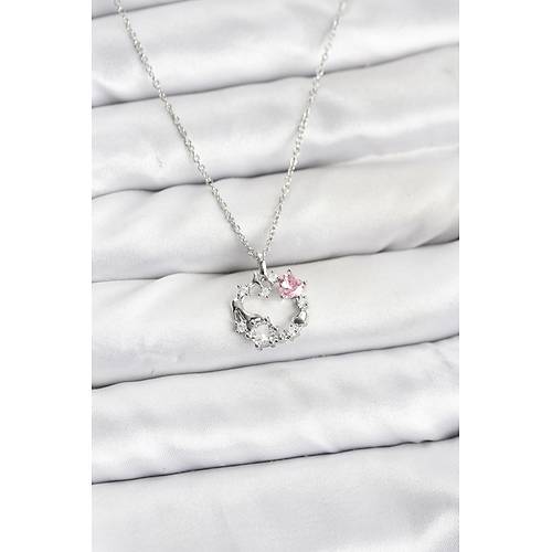 316L �elik Zincir G�m�� Renk Pembe Ta� Detayl� �elenk Model Kad�n Kolye