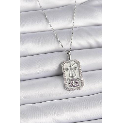 316L �elik G�m�� Renk Terazi Burcu Zirkon Ta�l� Kad�n Kolye