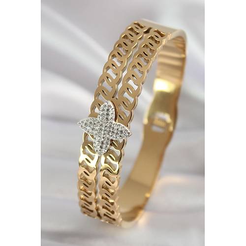 316L �elik Gold Renk Zirkon Ta�l� �i�ek Model Kad�n Kelep�e