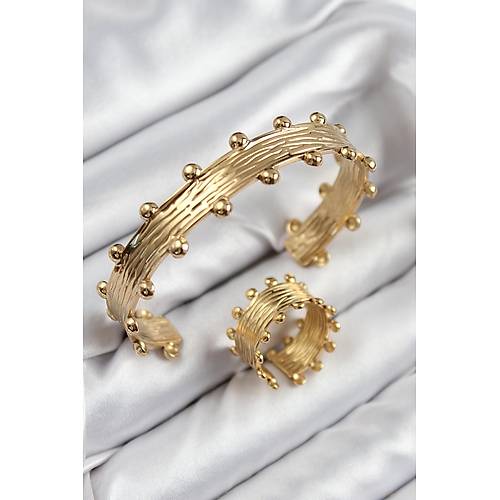 Pirin� Topcuk Model Gold Renk Bileklik Y�z�k Set