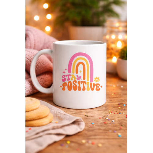 Stay Positive Tasar�ml� Porselen Kupa MODEL 144 � Renkli G�kku�a�� Desenli, Motivasyon Veren Kahve & �ay Kupas� � Hediyelik Kupa