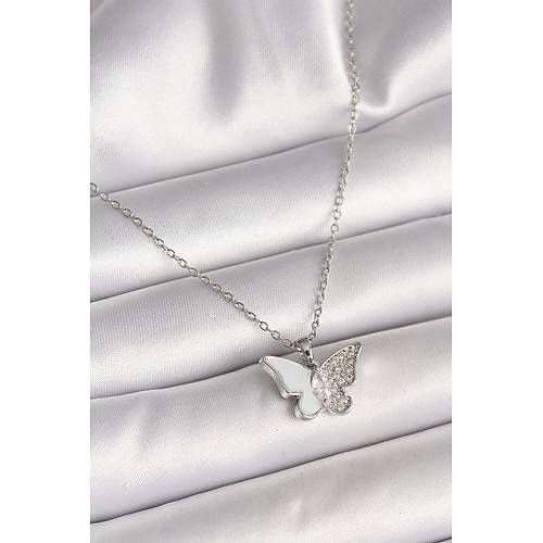 316L �elik G�m�� Renk Zincir Zirkon Ta�l� Beyaz Mineli Kelebek Model Kad�n Kolye