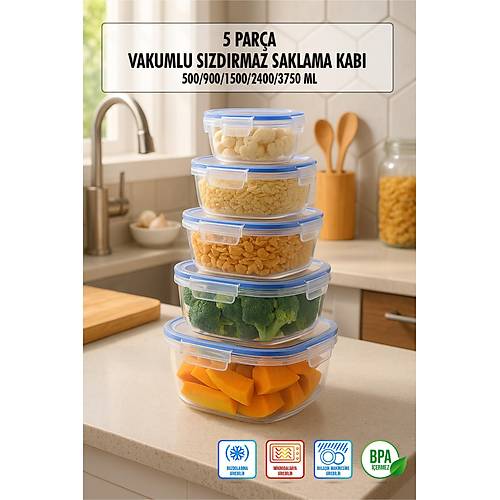 Kare 5 Par�a Contal� Vakumlu S�zd�rmaz Hava Almaz Saklama Kab� Seti (3750/2400/1500/900/500 Ml)