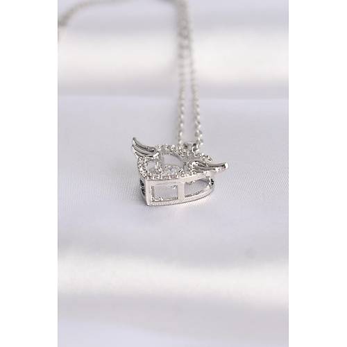 316L �elik Zincir G�m�� Renk Zirkon Ta�l� Kanatl� Kalp Kolye