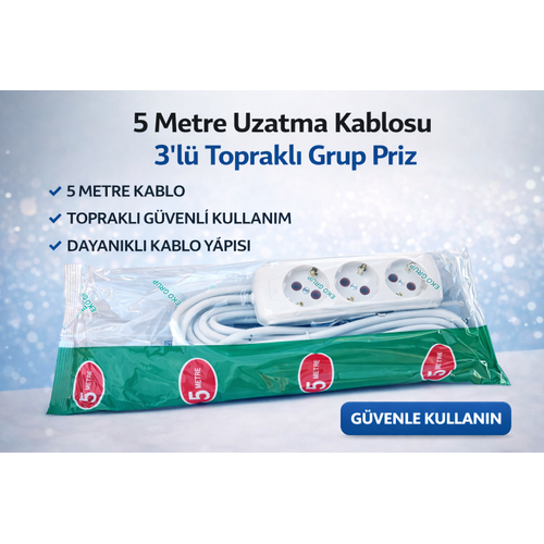 5 Metre Uzatma Kablosu 3�l� Toprakl� Grup Priz 16A Dayan�kl� Kablo
