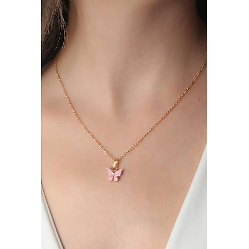 Gold Pembe Renk Kelebek Fig�r Kad�n Kolye