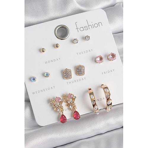 Pirin� Gold Renk Zirkon Ta�l� �i�ek Fig�r �ncili Halka Fig�r 7 �ift Kad�n K�pe Seti