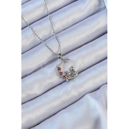 316L �elik Zincir G�m�� Renk K�rm�z� G�l Detay Kedi Fig�r Zirkon Ta�l� Ay Kolye