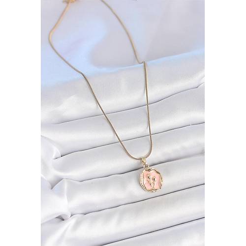 316L �elik Gold Renk Zincir Pembe Mineli �i�ek ��lemeli Portre Model Kad�n Kolye