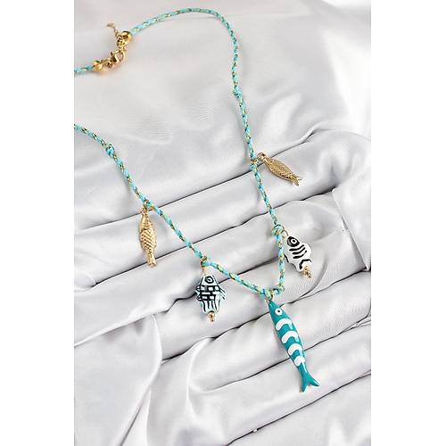 Seramik Motifli Bal�k Fig�rl� Model Mavi �p Kad�n Kolye