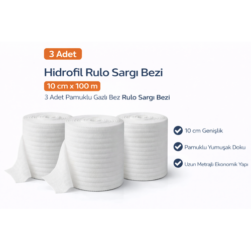 Hidrofil Rulo Sarg� Bezi 10 cm x 100 m 3 Adet Pamuklu Gazl� Bez Rulo Sarg� Bezi