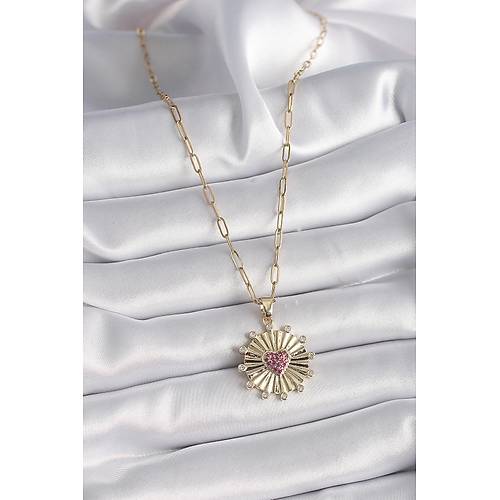 316L �elik Gold Renk Pembe Zirkon Ta�l� Kalp ��leme Madalyon Model Kad�n Kolye