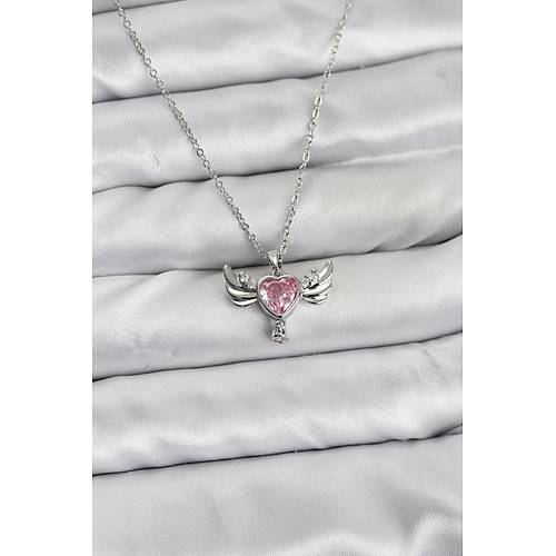 316L �elik Zincir G�m�� Renk Kanatl� Kalp Model Zirkon Ta�l� Kad�n Kolye