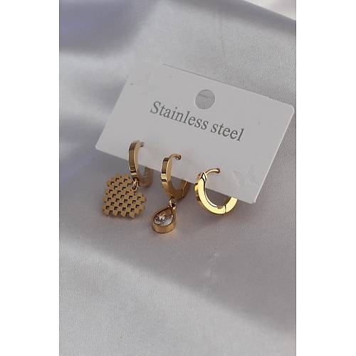 316L �elik Gold Renk Kalp Model Zirkon Ta� Detay Kad�n K�pe Kombini