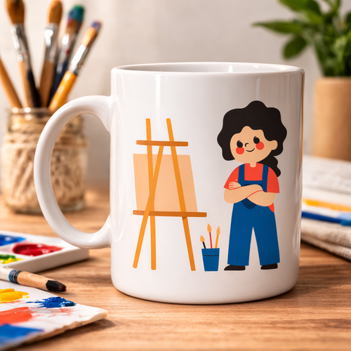 Ressam Tasar�ml� Porselen Kupa MODEL 163 � Sanat�� Temal� Kahve Kupas� � Ressam Hediyesi � Sanat Severlere �zel Beyaz Kupa