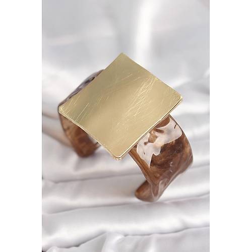 Kahverengi Mermer Desen Akrilik Plastik Gold Kare Plaka Model Vintage Kad�n Bilezik
