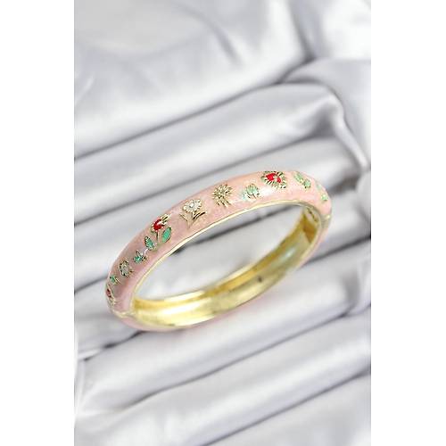 Mineli Pirin� Pembe �i�ek Motifli Gold Renk Kad�n Kelep�e