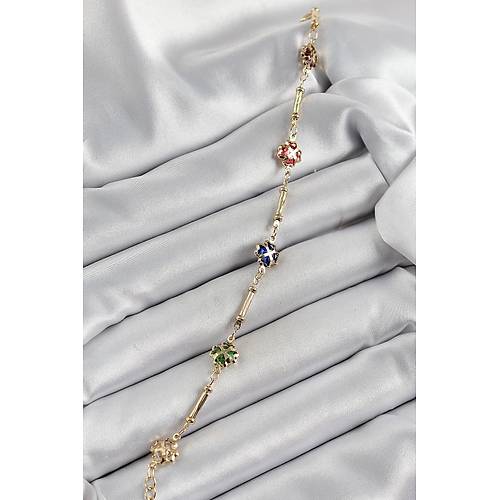 Pirin� Gold Renk Kar���k Renk Yonca Zirkon Ta�l� Kad�n Bileklik