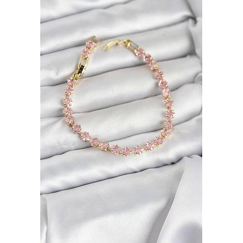 Pembe Kare Zirkon Ta�l� Gold Renk Pirin� Su Yolu Kad�n Bileklik