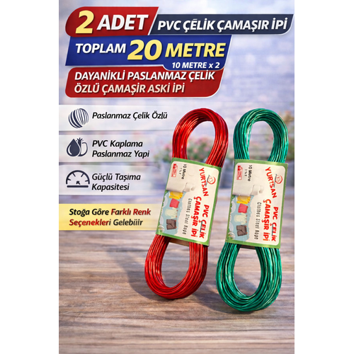 2 Adet PVC �elik �ama��r �pi 10 Metre Dayan�kl� �elik �zl� �ama��r Ask� �pi Toplam 20 Metre