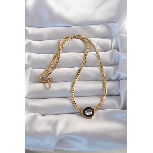 316L �elik Gold Renk Ezme Zincir Zirkon Ta�l� Mineli Serenay Kolyesi