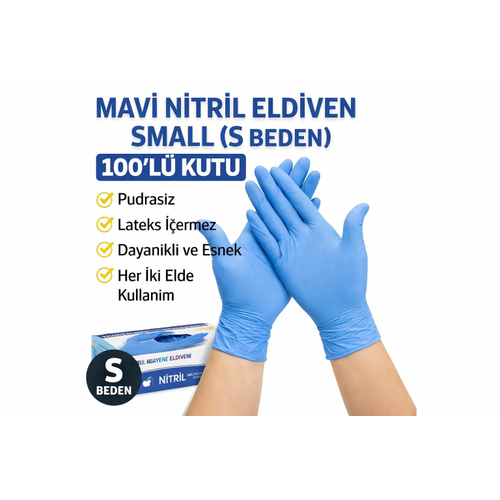 Mavi Nitril Eldiven Small S Beden Pudras�z 100�l� 1 Kutu Tek Kullan�ml�k Muayene Eldiveni Lateksiz Koruyucu Eldiven
