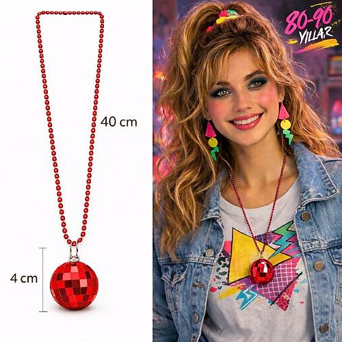 Retro Disko Topu �ekilli 80'ler 90'lar K�rm�z� Renk Plastik Kolye