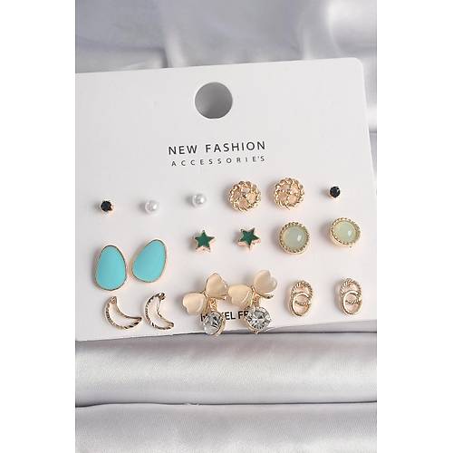 Pirin� Gold Renk Zirkon Ta�l� Fiyonk Hilal Fig�r 9 �ift Kad�n K�pe Seti