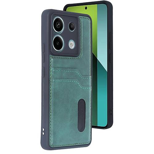 Redmi Note 13 Pro 5G K�l�f Sara Kartvizitli Deri K�l�f - Koyu Ye�il