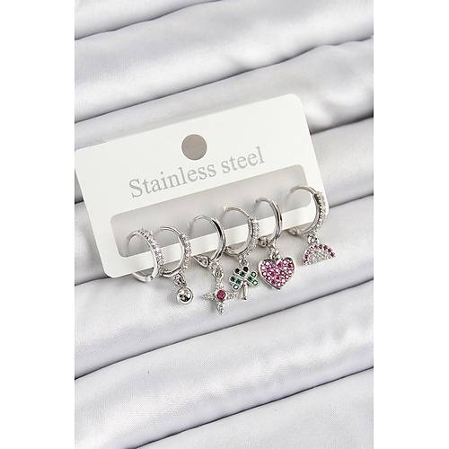 Pirin� Zirkon Ta�l� Karpuz Yonca Kalp Pusula Kar���k Model G�m�� Renk 6'l� Set Kad�n K�pe