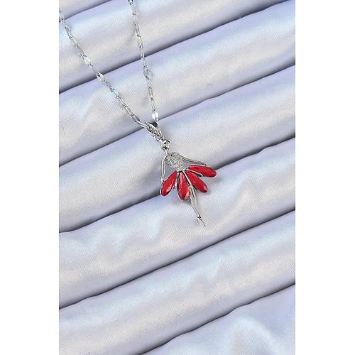 316L �elik Zincir G�m�� Renk K�rm�z� Etekli Zirkon Ta�l� Balerin Kolye