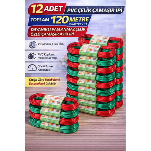12 Adet PVC �elik �ama��r �pi 10 Metre Dayan�kl� �elik �zl� �ama��r Ask� �pi Toplam 120 Metre