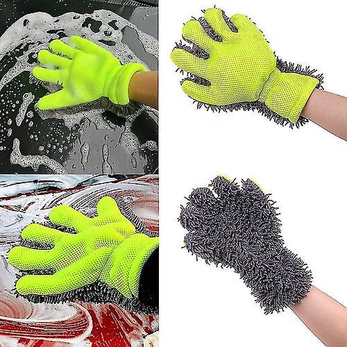 �ift Tarafl� Mikrofiber ��nil T�yl� 5 Parmakl� Araba Oto Y�kama Temizlik Eldiveni Ye�il Gri