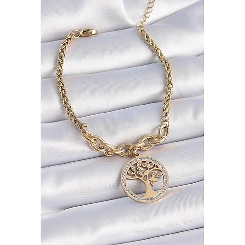 316L �elik Gold Renk Zirkon Ta�l� Ya�am A�ac� Fig�r Kad�n Bileklik