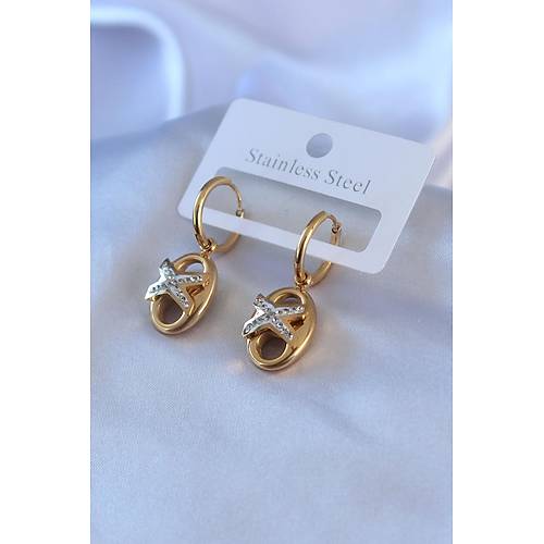 316L �elik Gold Renk Zirkon Ta� Detay Kad�n K�pe