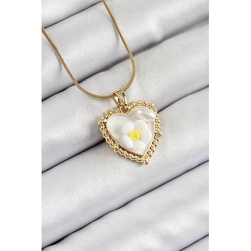 316L �elik Zincir Beyaz Sanatsal Portre �nci Detayl� Papatya Fig�rl� Kalp Model Gold Renk Kad�n Kolye