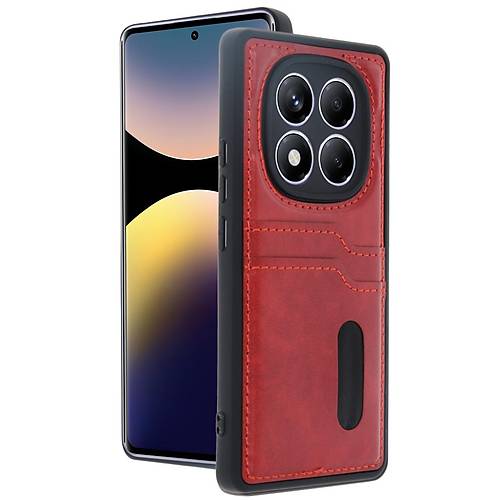 Redmi Note 14 Pro 5G K�l�f Sara Kartvizitli Deri K�l�f - K�rm�z�