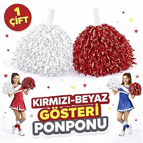 1 �ift ( 2 Adet ) K�rm�z�-Beyaz Renk 23 Nisan 19 May�s 29 Ekim Okul G�steri Ponponlar� Ekstra Dolgun