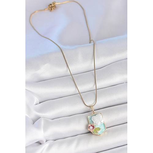 316L �elik Gold Renk Zincir Mavi Mineli �ncili �i�ek ��lemeli Portre Model Kad�n Kolye