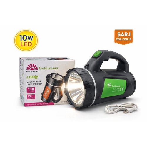 Gold  LED �arjl� El Feneri FC-838B 10W Uzun �m�rl� Ta��nabilir Projekt�r Fener