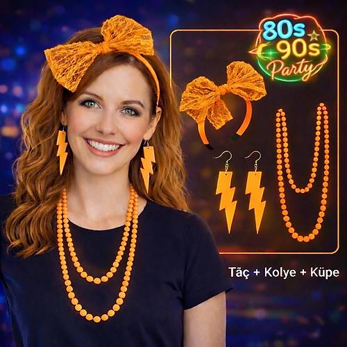 80�ler 90�lar Neon Turuncu Parti Seti � Kolye K�pe Ta�