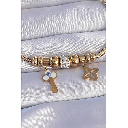 316L �elik Gold Renk Zirkon Ta�l� Yonca Detay Nazarl� Anahtar Tasar�ml� Bileklik