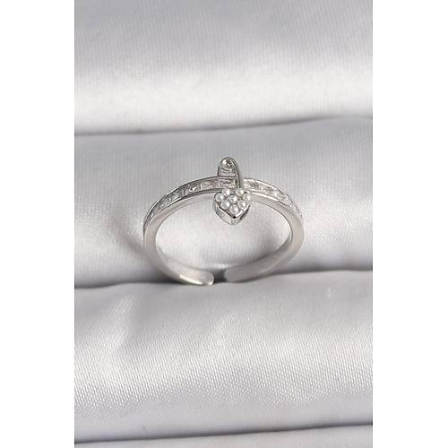 Pirin� G�m�� Renk Zirkon Ta�l� �nci Detayl� Kilit Kalp Model Ayarlanabilir Y�z�k