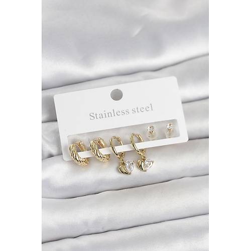 316L �elik Gold Renk Kalp Detayl� Kad�n K�pe Seti