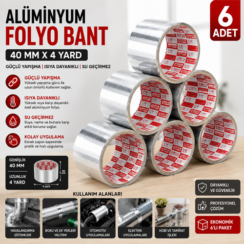 Al�minyum Folyo Bant 40 MM x 4 Yard 6�l� Paket Is�ya Dayan�kl� G��l� Yap��kanl� �zolasyon Band�
