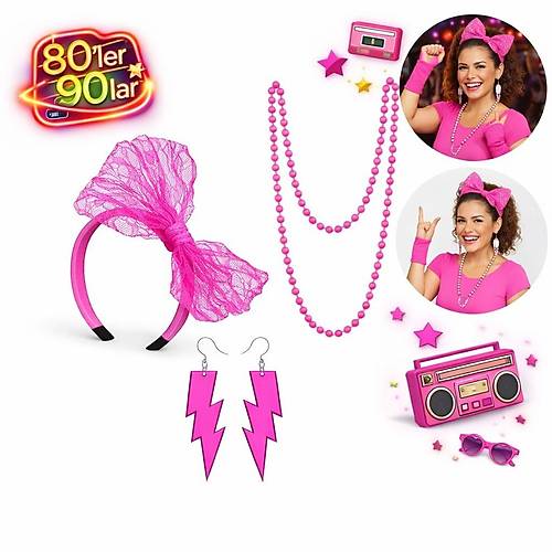 80�ler 90�lar Neon Pembe Parti Seti � Kolye K�pe Ta�