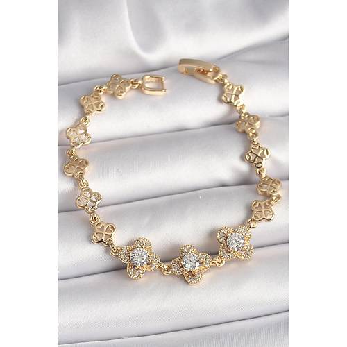 Pirin� Gold Renk Zirkon Ta�l� Yonca Model Kad�n Bileklik