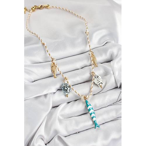 Seramik Motifli Bal�k Fig�rl� Model Krem �p Kad�n Kolye