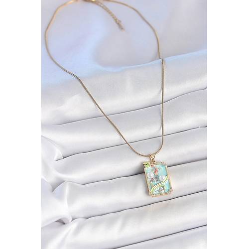 316L �elik Gold Renk Zincir Mavi Mineli �ncili �i�ek ��lemeli Portre Model Kad�n Kolye