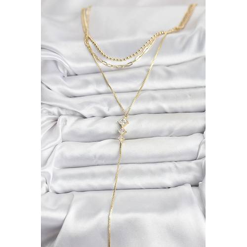 Pirin� Gold Renk Zirkon Ta� Detayl� 3'l� Kombin Y Kad�n Kolye